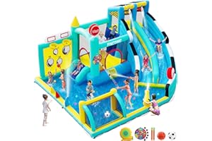 FINCOME Bounce House Double Slides for Kids 3-10, Large Bounce Castle with Air Blower 550W, Pool, Jumping, Climbing, Balls, Ring Toss, Inflatable Water Park for Birthday Party Holiday Outdoor Indoor