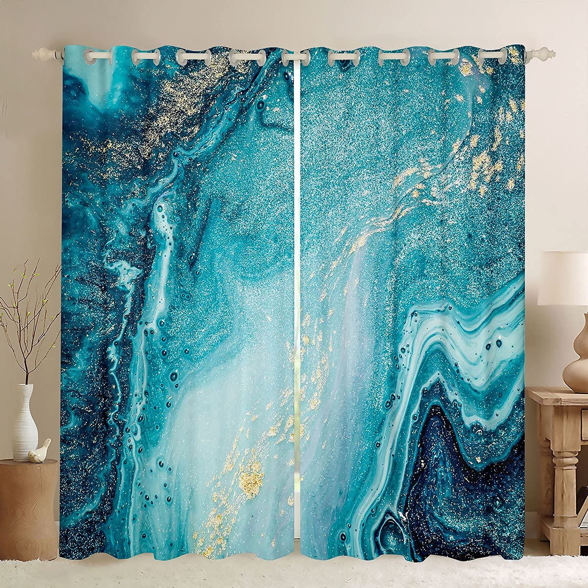 Homemissing Abstract Art Window Drapes Teal Blue Golden Marble Curtains Natural Window Curtains For For Kids Boys Girls Ocean Swirls Marble Ripples Treatments,W52*L63