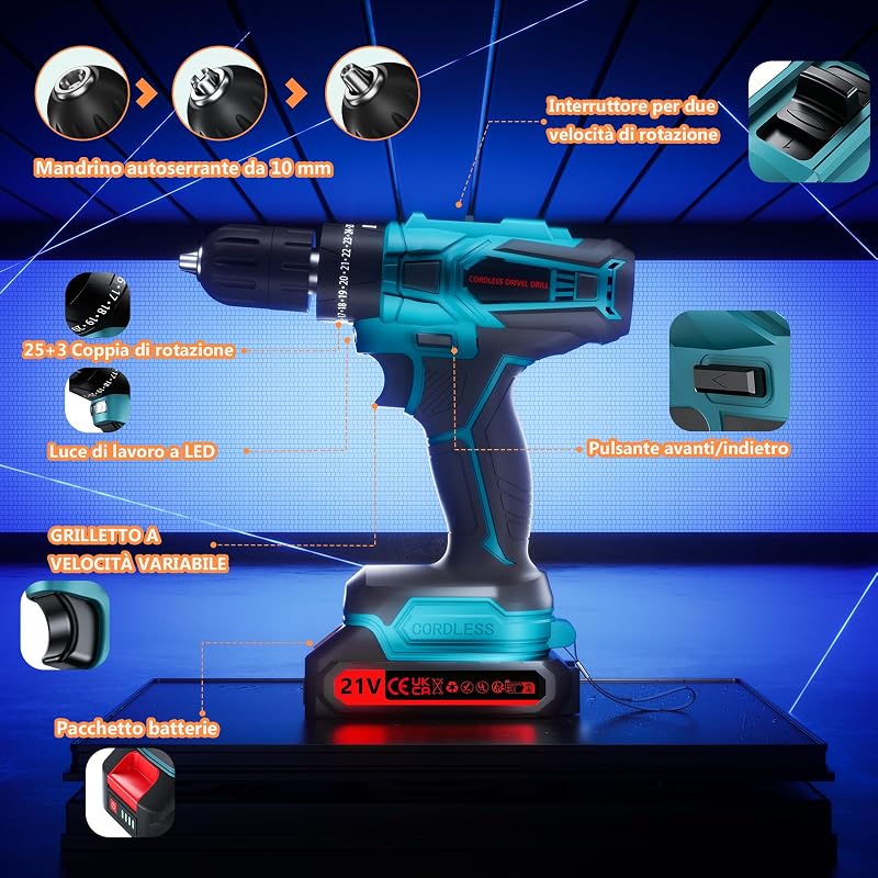 Trapano Avvitatore Batteria 21V, con 2×2000mAh Batterie (Blu)