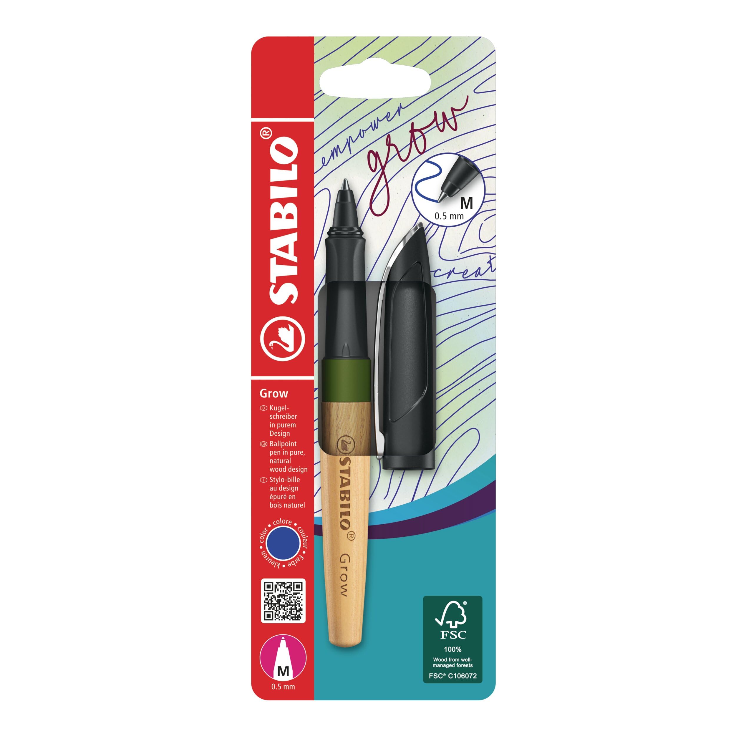 STABILO Grow - Climate-Neutral Ballpoint Pen - Pack of 1 - Moss Green/Oak Including Blue Ballpoint Refill
