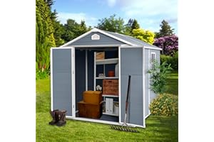 FurGenius 8x6 FT Outdoor Resin Storage Shed with Lockable Door, Air Vent and Window, Perfect to Store Patio Furniture, Bike Accessories etc, Outside Plastic Garden Sheds for Backyard, Lawn, Grey