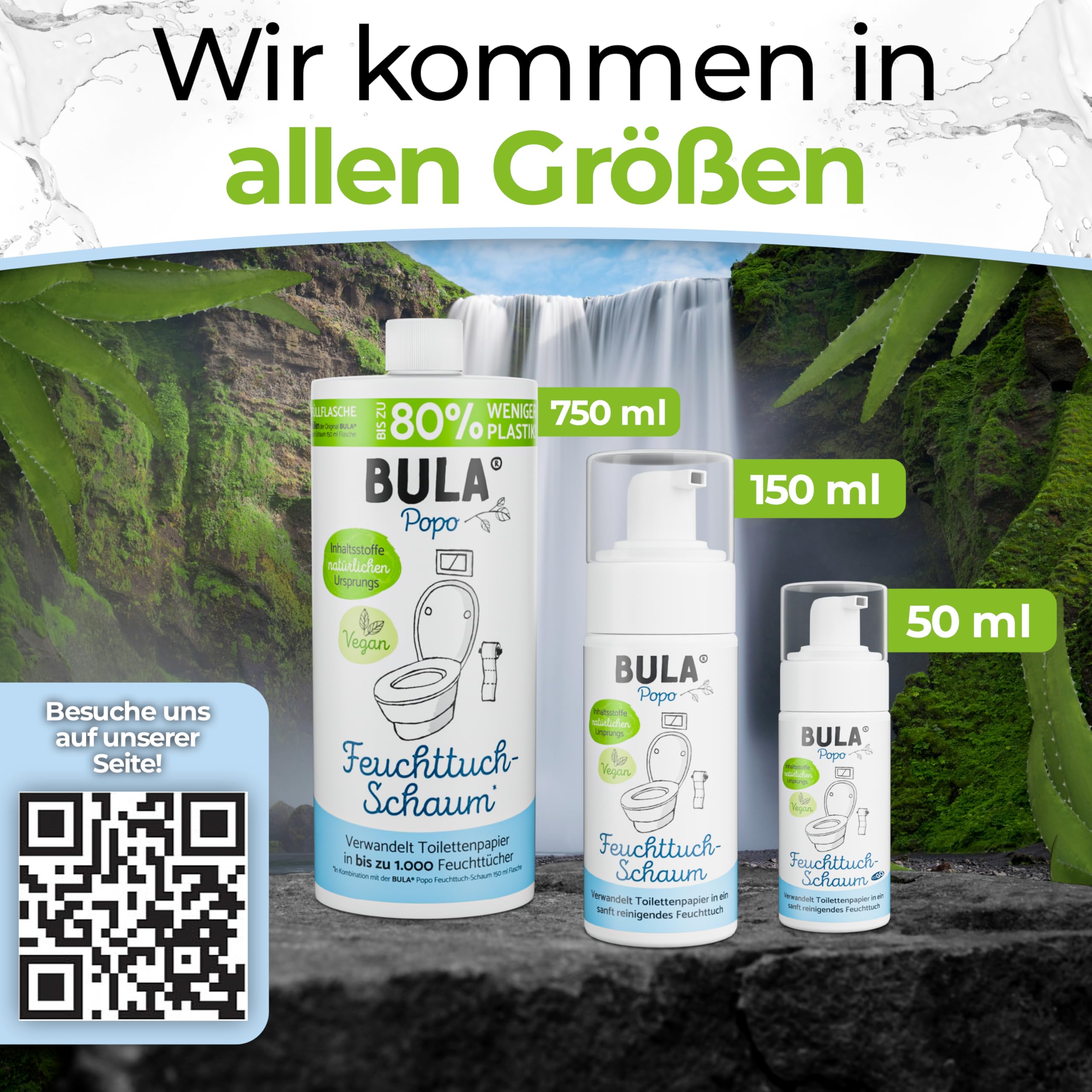 BULA® Popo Home Bundle | Feuchttuch-Schaum 150ml Flasche + Blumen-Schaumpumpe inkl. Edelstahl Halter | Popo Schaum als nachhaltige Alternative für (Baby u. Toiletten-) Feuchttücher | BULA Starterset 6