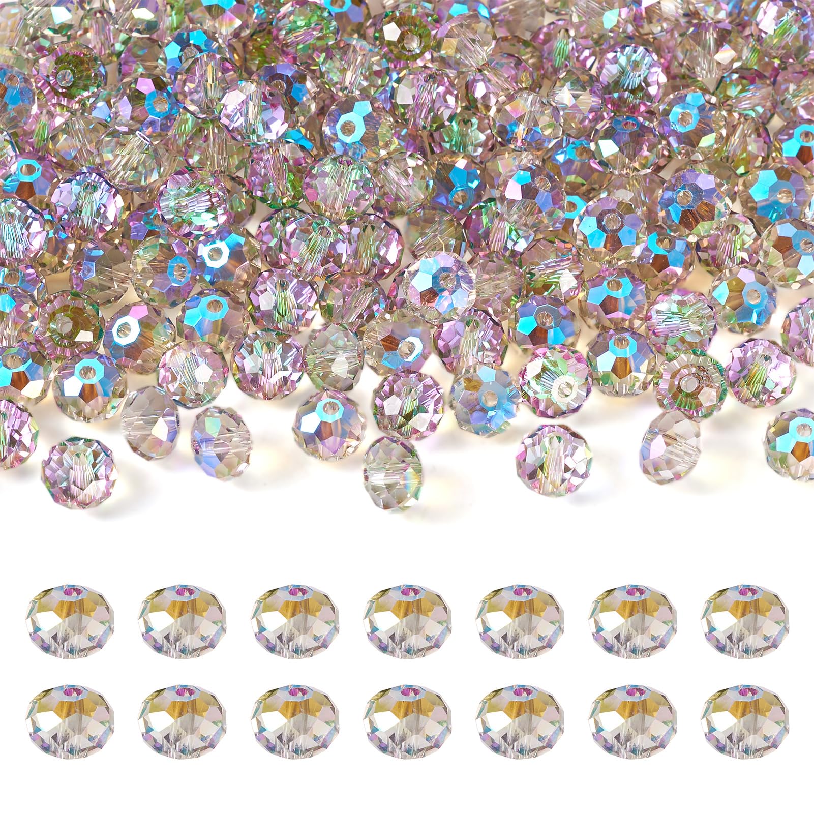 Crafans 200Pcs 8MM Faceted Glass Beads - Transparent Crystal Rondelle Spacer Beads Rainbow Plated Chunky Bulk for Art Crafting Jewelry Making, Lime Green