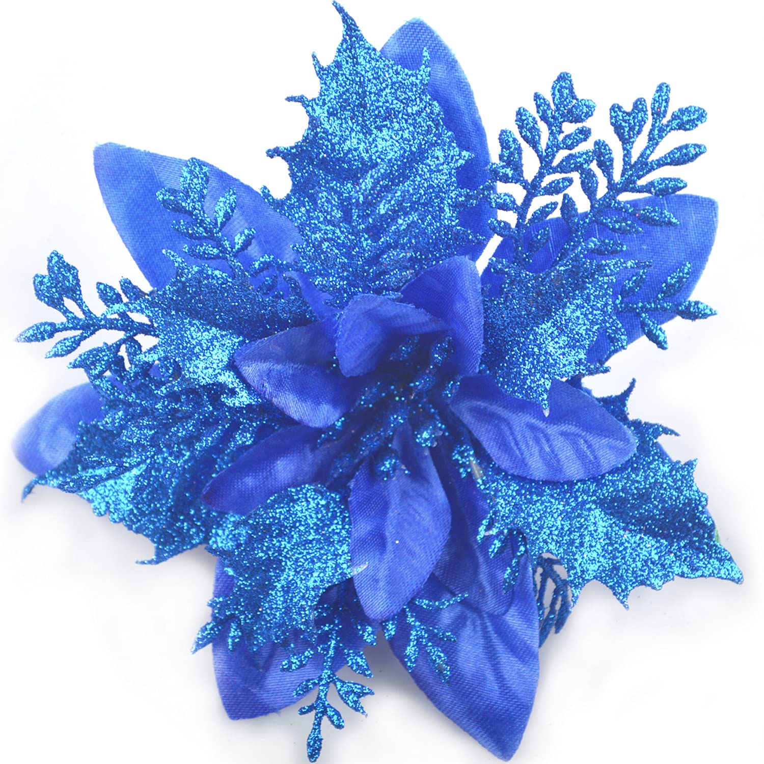 GL-Turelfies 12 Pcs Glitter Christmas Flowers(15cm/5.9’’) with 12 Pcs Clips Artificial Poinsettia Flowers Christmas Tree Flower Decorations Xmas Tree Ornaments (Blue)