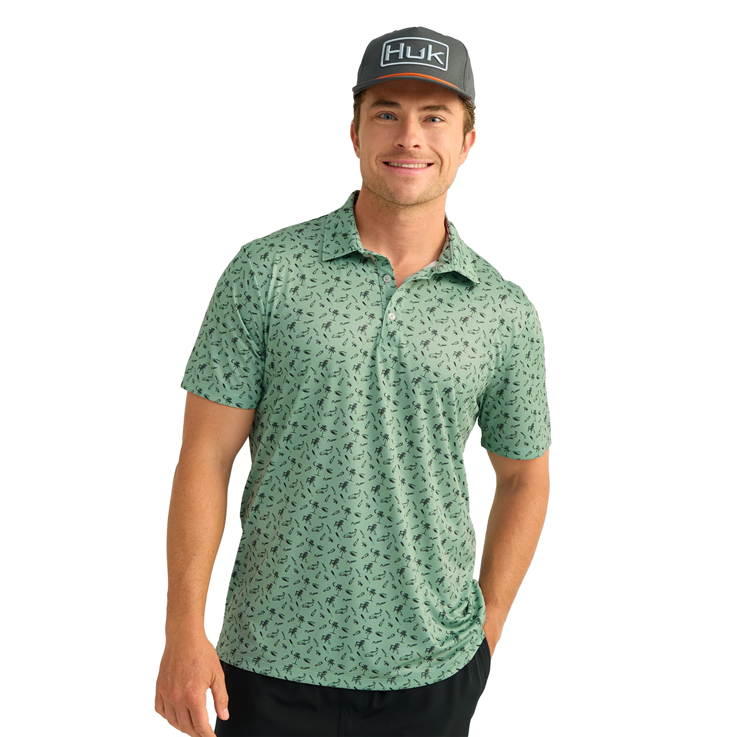 HUK Men’s Standard Pursuit Pattern, Performance Short Sleeve Polo Shirt, Fog Green