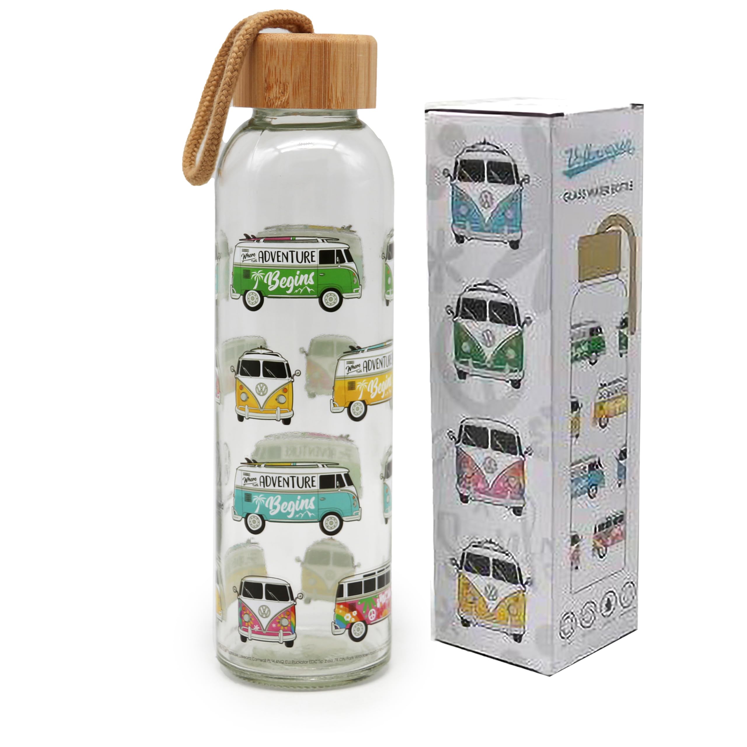 Puckator Volkswagen T1 Summer & Surf Glass Bottle with Bamboo Lid 500 ml