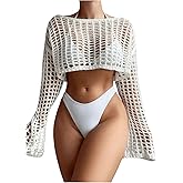 RoseSeek Women's Long Sleeve Crochet Cover Up Knitted Hollow Out Cropped Swimsuit Cover Ups Tops
