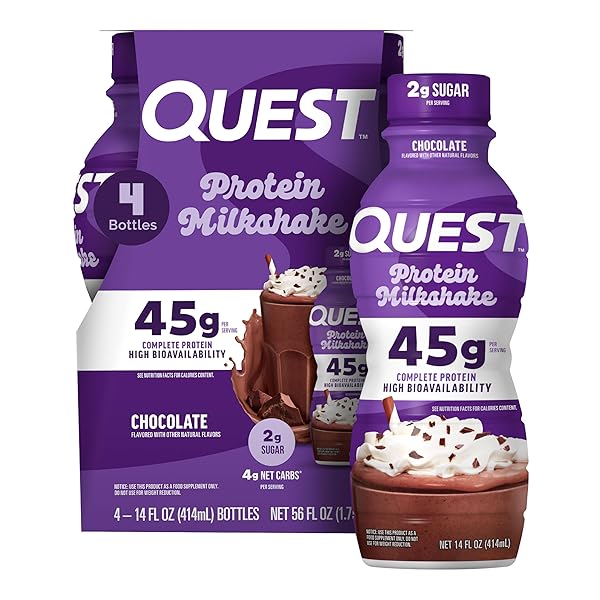 QUEST NUTRITION CHOCOLATE PROTEIN SHAKE, 45G PROTEIN, 2G SUGAR, 4G NET CARBS, READY TO DRINK, GLUTEN FREE, 4 COUNT
