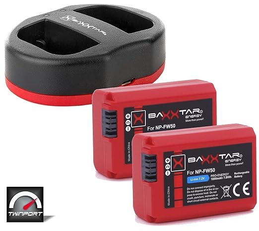 Baxxtar Pro Set - Ersatz für Akku Sony NP-FW50 (2X) mit Twin Port 1822 Ladegerät (USB DUAL)