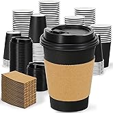 Clawsoff 100 Pack 12 oz Disposable Paper Coffee Cups with Lids and Sleeves, Leak-free Disposable Insulated Paper Cups for To Go Hot or Cold Beverages(Black)