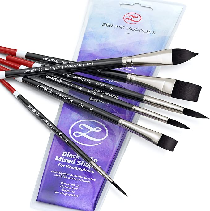 ZenART Watercolour Brushes Set for Professional Artists 6 pc Black