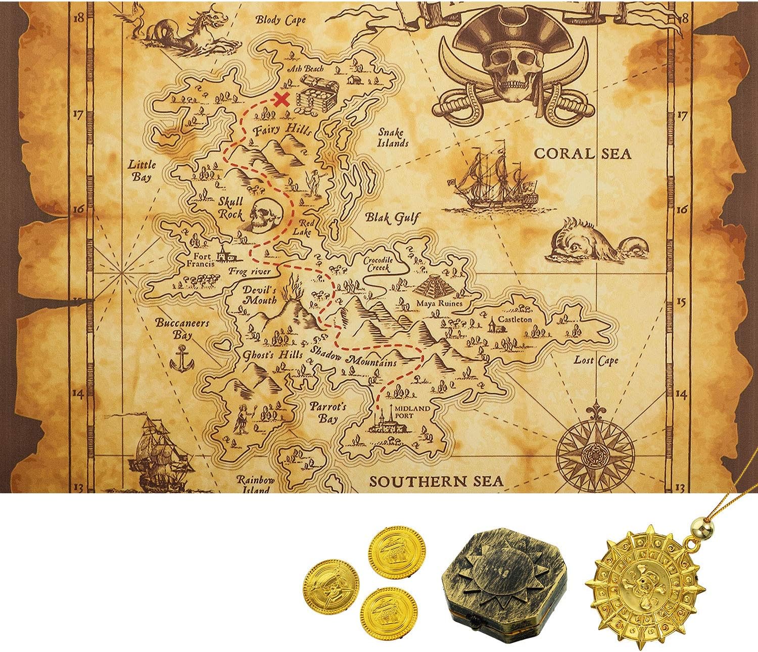 Gejoy Detailed Treasure Map Pirate Map Gold Secret Sea Historical Theme Home Decoration