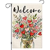 Valentines Day Love Hearts Garden Flag 12x18 Double Sided, Red Love Hearts for Outside, Small Burlap House Flag for Anniversary Wedding