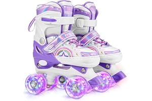 Hozzen Girls Roller Skates for Kids Boys Girls, 4 Size Adjustable Light Up Roller Skates for Kids, with 8 Light UP Wheels, Rainbow Roller Skates for Toddlers Beginner Kids (9C-6Y S M L)