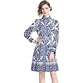 LAI MENG FIVE CATS Women's Floral Print Lantern Sleeve Button Casual A-line Mini Dress with Belt