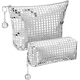 Reginary 2 Pcs Disco Cosmetic Makeup Bags Women Silver Glitter Sequin Mirror Bag Large Travel Handbag with Disco Ball Zipper Storage Makeup Bag for Christmas New Year Bridal Bachelorette Party Gifts