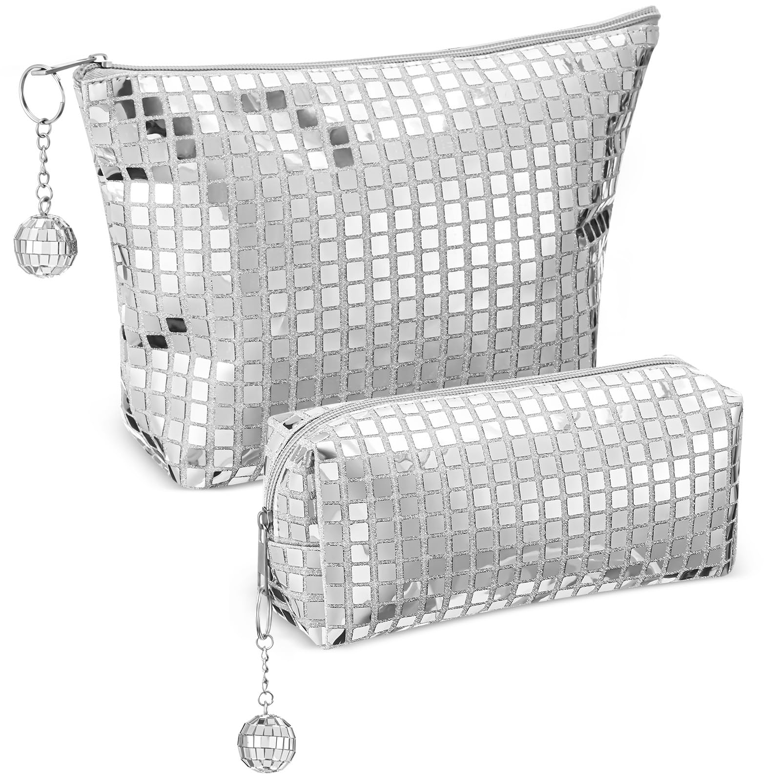 Photo 1 of Reginary 2 Pcs Disco Cosmetic Makeup Bags Women Silver Glitter Sequin Mirror Bag Large Travel Handbag with Disco Ball Zipper Storage Makeup Bag for Christmas New Year Bridal Bachelorette Party Gifts