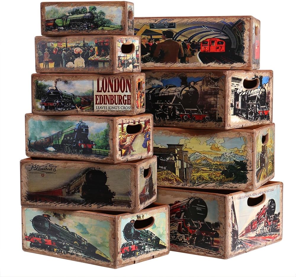 Hollyberry Home Set of 10 Rectangular Boxes-Old Train, Wood, Multicolour, 52.5 x 38.5 x 21.5 cm