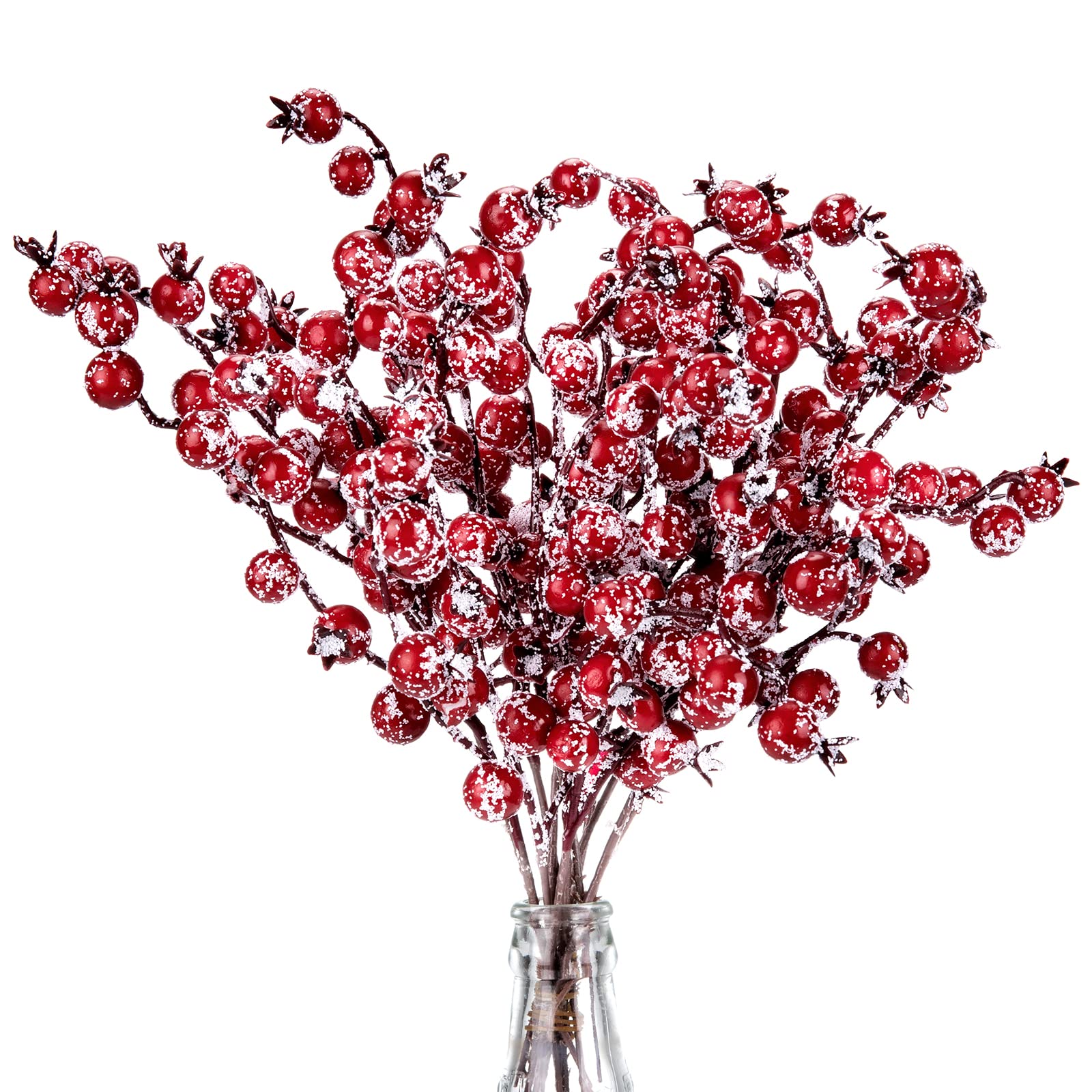Whaline 12 Pack Artificial Red Berry Picks Christmas Frosted Berry Stems Snow Tipped Berry Branches Christmas Wreath Decoration Supplies for Garland Xmas Tree Craft Table Centerpiece Home Wedding