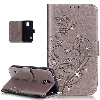 Kompatibel mit Galaxy S5 Mini Hülle,Galaxy S5 Mini Lederhülle,Strass Glänzend Prägung Blumen Reben Schmetterling PU Lederhüll
