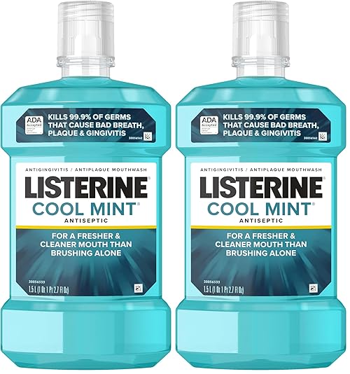 Listerine Cool Mint Antiseptic Mouthwash, Daily Oral Rinse Kills 99% of Germs That Cause Bad Breath, Plaque and Gingivitis for a Fresher, Cleaner Mouth, Cool Mint Flavor, 1.5 L (Pack of 2)