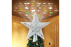 ETEGOW Christmas Tree Topper Lighted with 6 Patterns Projector, Christmas Star Tree Topper Built-in 3D Glitter LED Rotating Lights, Hollowed Christmas Tree Ornament for Xmas Party Holiday Decoration(Silver)