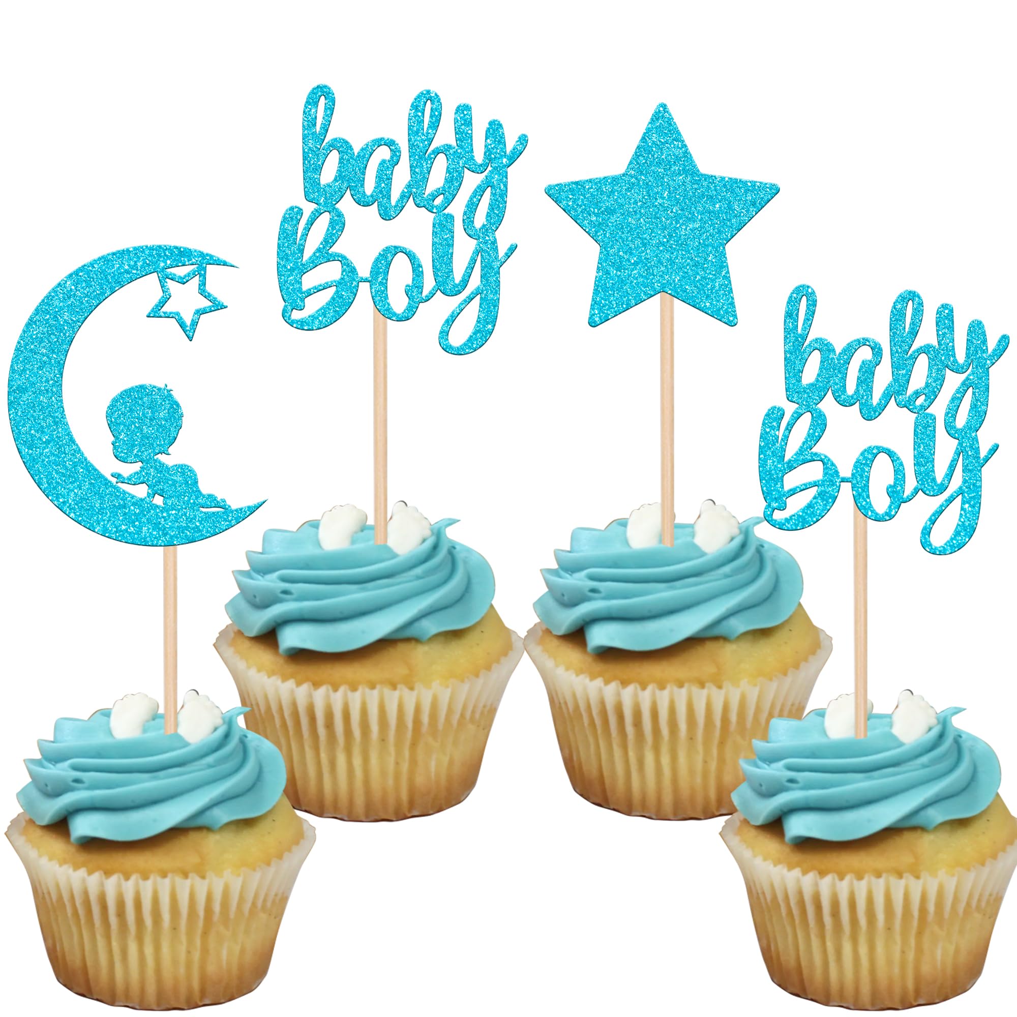 SYKYCTCY 24 Pack Blue Baby Shower Boy Cupcake Toppers with Glitter Star Moon Baby Boy Cupcake Picks Baby Shower Boys Birthday Party Cake Decorations Supplies