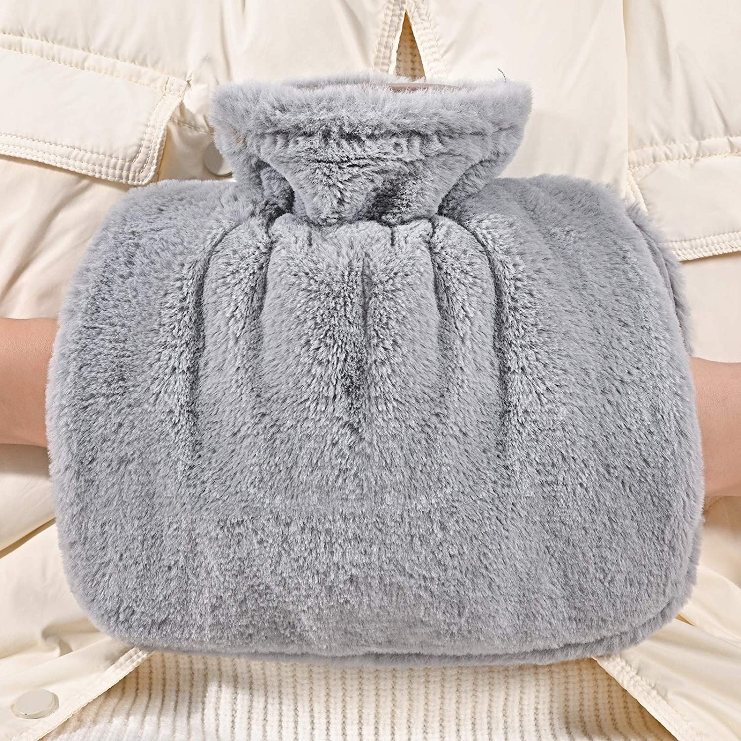 Hot Water Bottle with Cover - Fluffy Hot Water Bottles for Hands,Grey Furry Hot Water Bag with Replacement Stopper,Soft Faux Fur Warm Water Bottle for Women Men Pain Relief