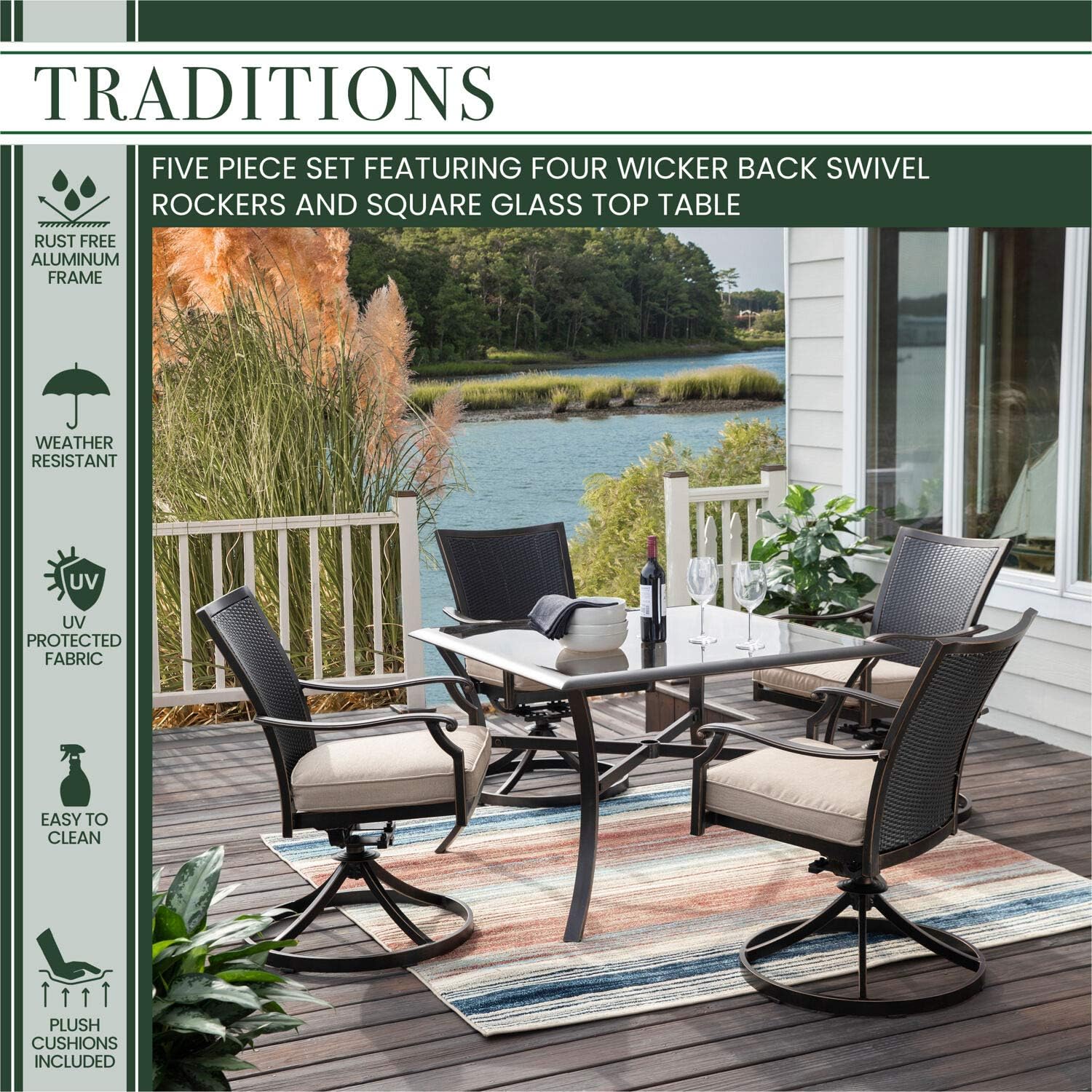 Hanover TRADDNWB5PCSWSQG-TAN Traditions 5-Piece Tan with 4 Wicker Back Swivel Rockers Outdoor Dining Set : Garden & Outdoor