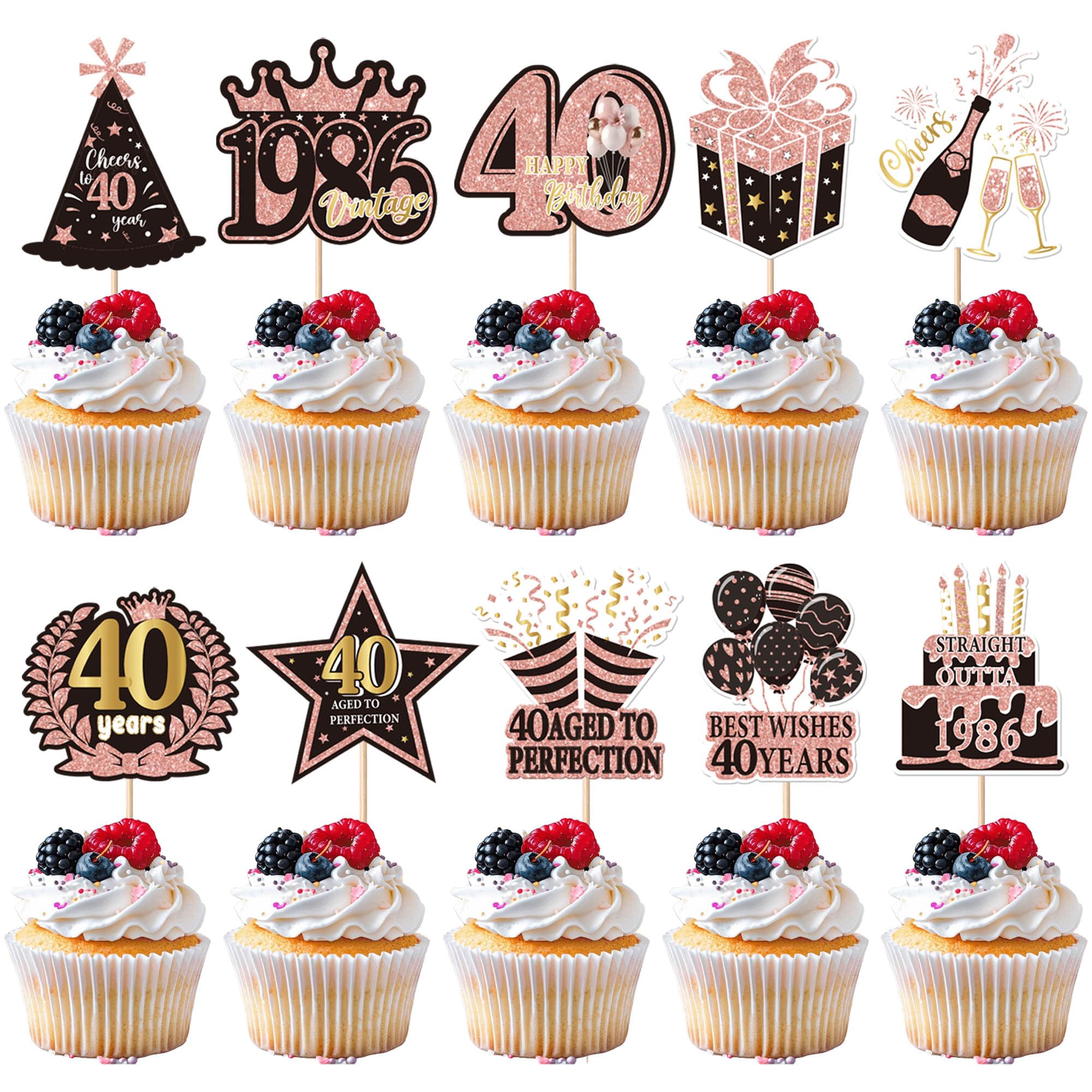 Xsstarmi 40 Pack 40th Birtday Cupcake Toppers Straight Outta 1986 Best Wishes 40 Years Aged to Perfection Cupcake Picks for Cheers to 40 Birthday Party Cake Decorations Supplies