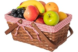 WICKERWISE Double Handle Woodchip Basket with Red Liner - Perfect as Toy Organizer, Storing Fresh Fruits or Safeguarding Your Must-Have Beach Essentials for Unforgettable Holidays or Picnic Parties