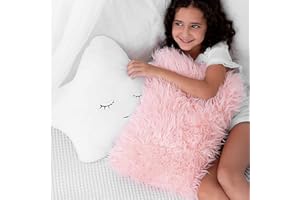 Perfectto Design Set of 2 Decorative Pillows, Toddler Room. Star Fluffy White Embroidered and Furry Pink Faux Fur Soft and Plush Girls Pillows – Throw Pillows for Kid’s Bedroom Décor
