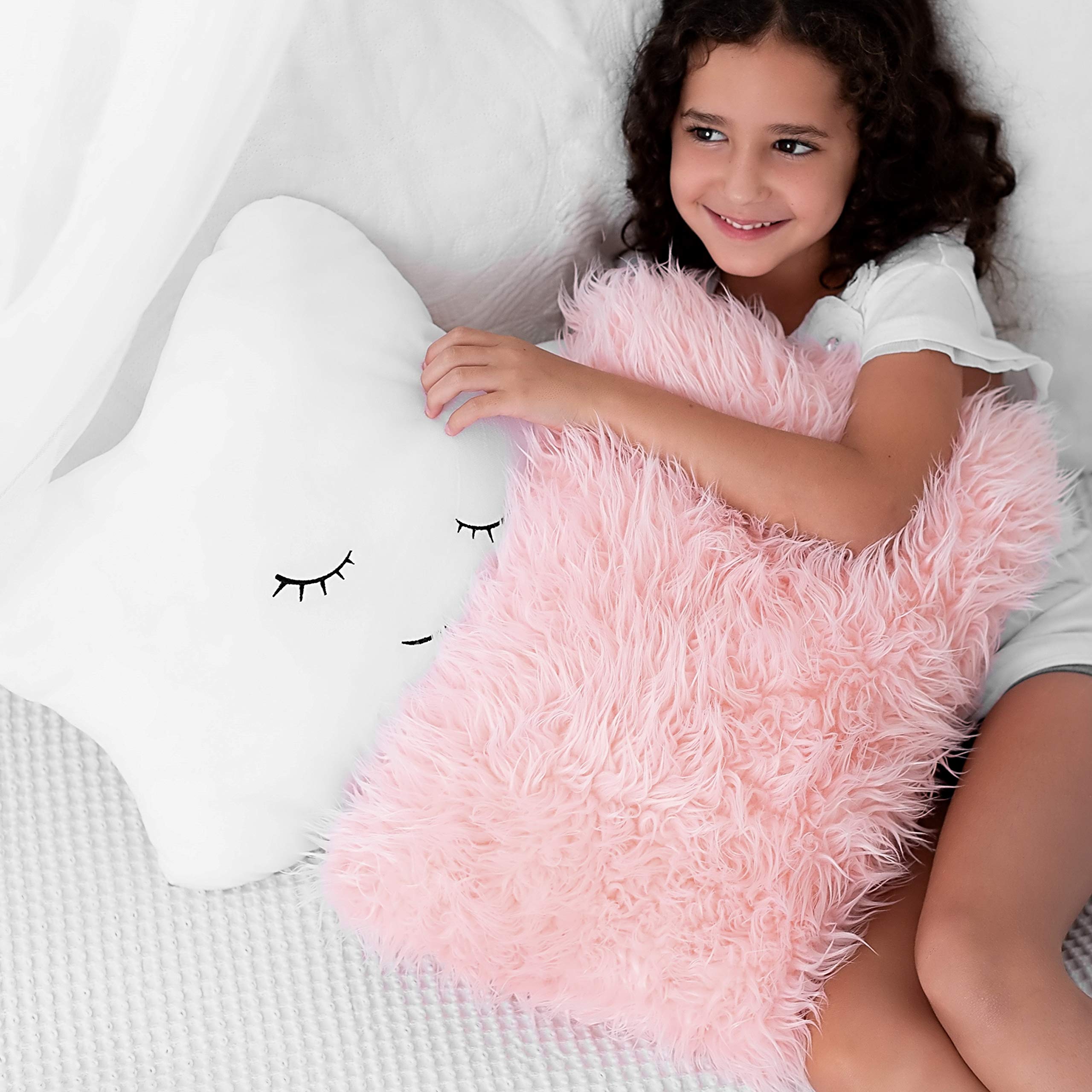 Photo 1 of ONLY 1 PILLOW -  Perfectto Design ecorative Pillows, Toddler Room. Star Fluffy White Embroidered and Furry Pink Faux Fur Soft and Plush Girls Pillows – Throw Pillows for Kid’s Bedroom Décor