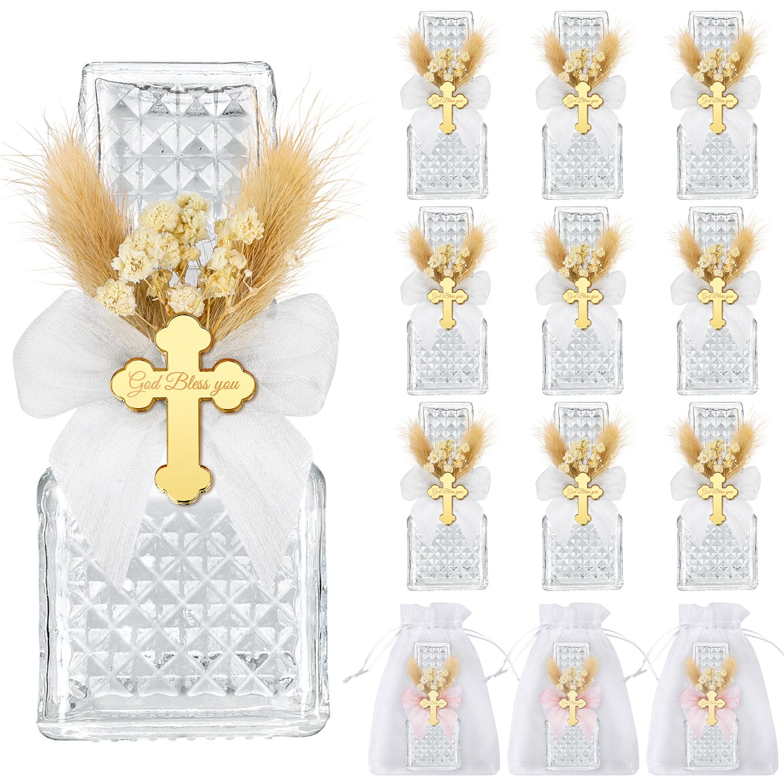 Photo 1 of 12 Set Holy Water Bottles Catholic Bulk Glass Baptism Favors for Guests Christian Water Container with Floral Organza Bags Bow for Holy Communion Gifts Church Wedding Baptism Decor (Elegant White, 12)