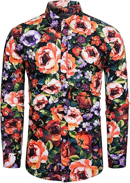 Fohemr Herren Blumen Hemd Langarm Hawaii Print Hemd Freizeithemd Mehrfarbig Button Down Shirts 100 Baumwolle Amazon De Bekleidung