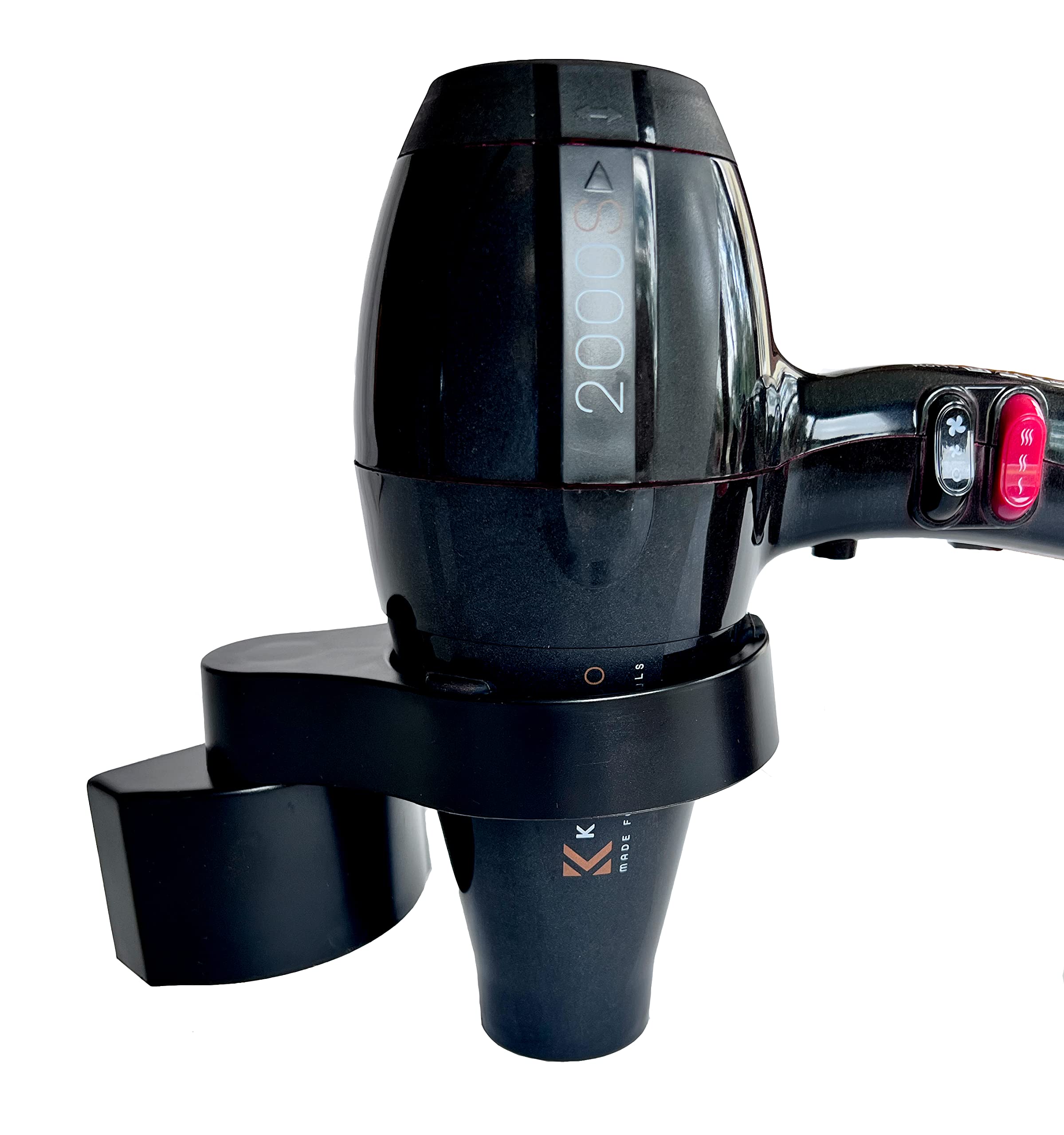 Vic+ Wall Mounted Hairdryer Holder, robust and rotatable black dryer holder with rubber grips.