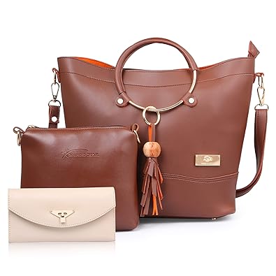 JFC Shining Star Womens Canvas Hand Bag and Shoulder Bag with Sling Bag Combo (Beige)