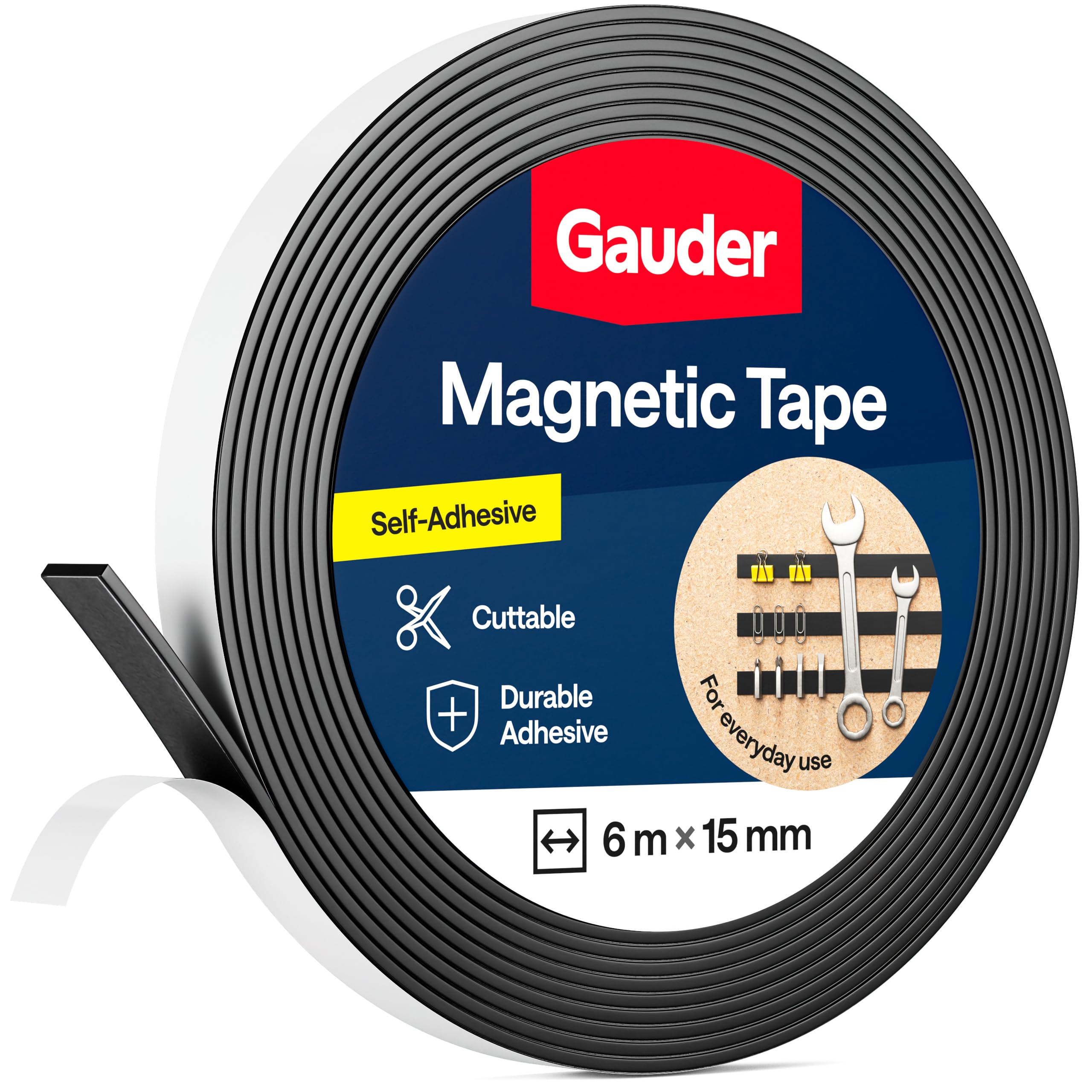 GAUDER Magnetic Tape Self-Adhesive Strong - Cuttable Magnet Strip with High Magnetic Strength - Sticky Magnet Tape with Strong Adhesive (6 m x 15 mm)