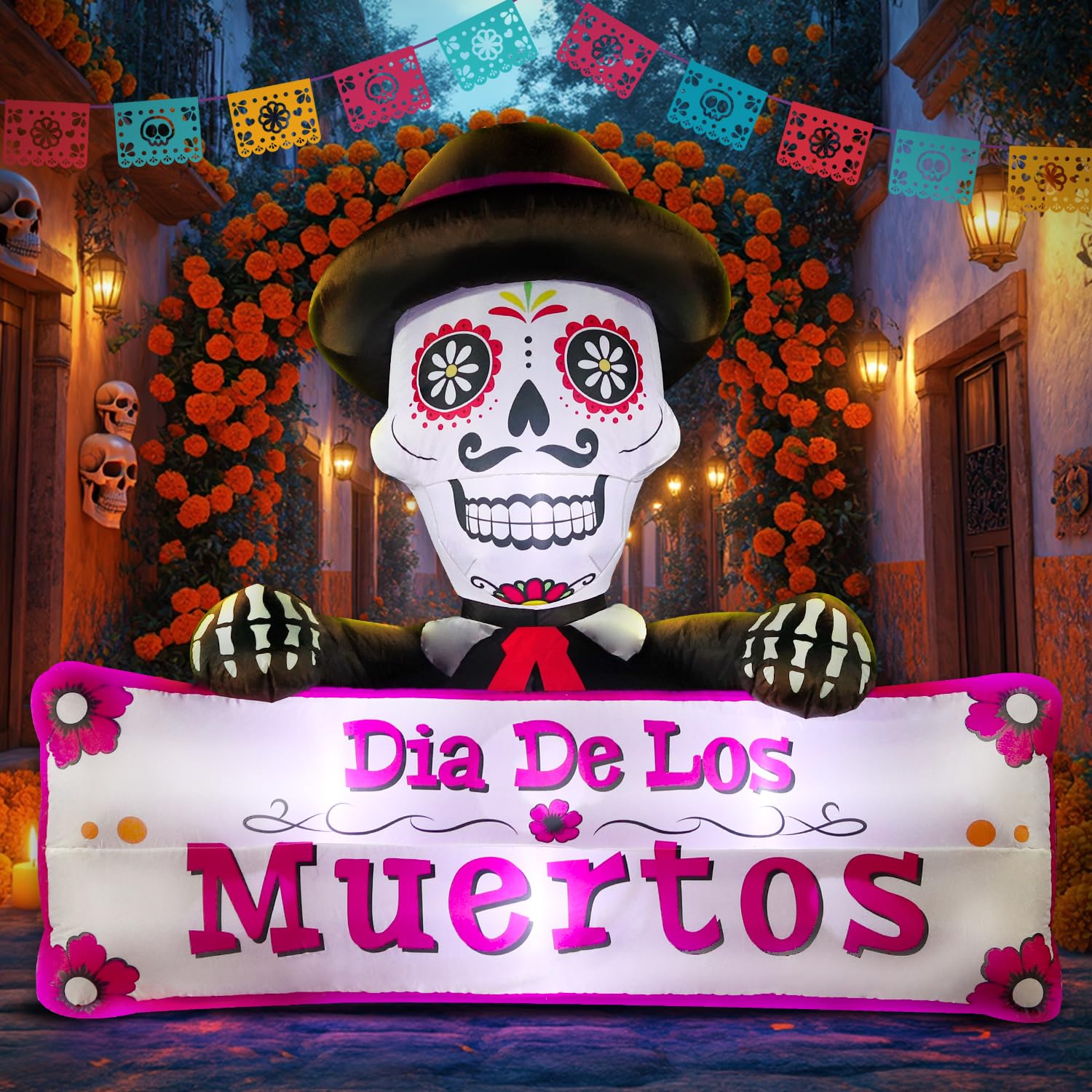 Photo 1 of DomKom 6FT Halloween Inflatable Blow Up Decorations, Dia de Los Muertos Day of Dead Banner, Build-in LED Lights Holiday Blow Up Yard Decoration for Halloween Party Outdoor Garden Yard Lawn Decor