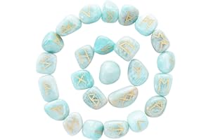 Crocon Amazonite Rune Stones Sets for Beginners with Elder Futhark Alphabets for Healing Chakra Crystals Reiki feng Shui Gemstone Runes Set with Pouch & Rune brochure Size: 15-20 mm
