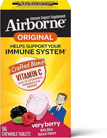 Amazon Com Airborne Vitamin C 1000mg Per Serving Very Berry Chewable Tablets 96 Count In A Box Gluten Free Immune Support Supplement With Vitamins A C E Zinc Selenium Echinacea Ginger Antioxidants Health