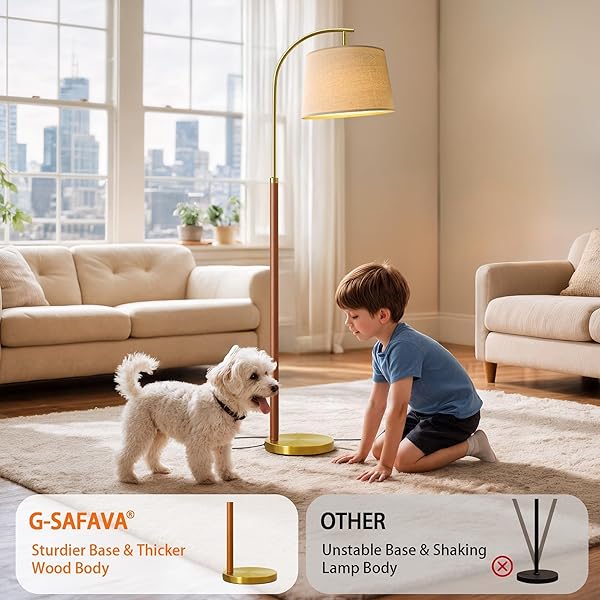 G-SAFAVA 62.5″ WOOD FLOOR LAMP FOR LIVING ROOM GOLD WITH FOOT SWITCH ARC STANDING TALL LAMPS FOR BEDROOM MID CENTURY MODERN CORNER FLOOR LAMPS FOR OFFICE NURSERY INDUSTRIAL READING LIGHT ROOM LAMP