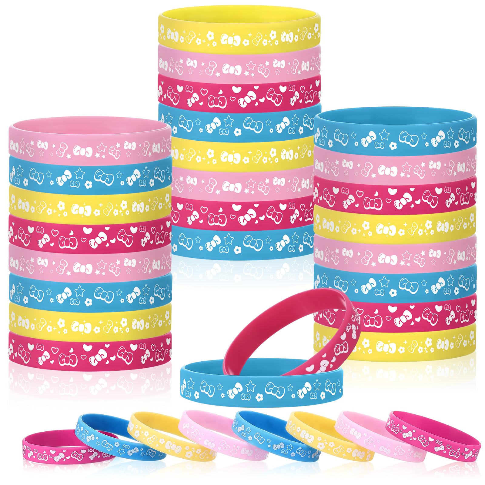 Landical 24 Pcs Cute Cartoon Pink Cat Party Favor Bow Tie Flower Patterns Silicone Bracelets Birthday Decorations for Cute Cartoon Pink Cat Theme Birthday Decorations Supplies