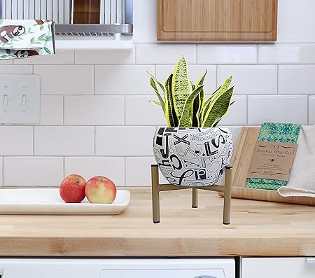 Ezzu Crafts Designer Plant Pot Including Rust Free Metal Stand | Decorative Metal Flower Stand Pots for Indoor and Outdoor Gardening | Living Room | Balcony | Plants not Included | 1 Piece (Black)