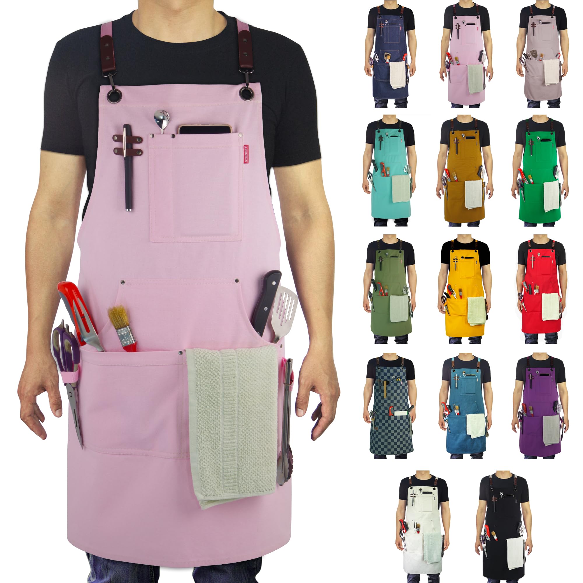 Photo 1 of **NEEDS TO BE CLEANED** Stenffy Kitchen Apron, Work Apron, Canvas, Multiple Pockets, Gardening, Painting, BBQ, Artist, Carpenter, Sizes M to XXL, Pink