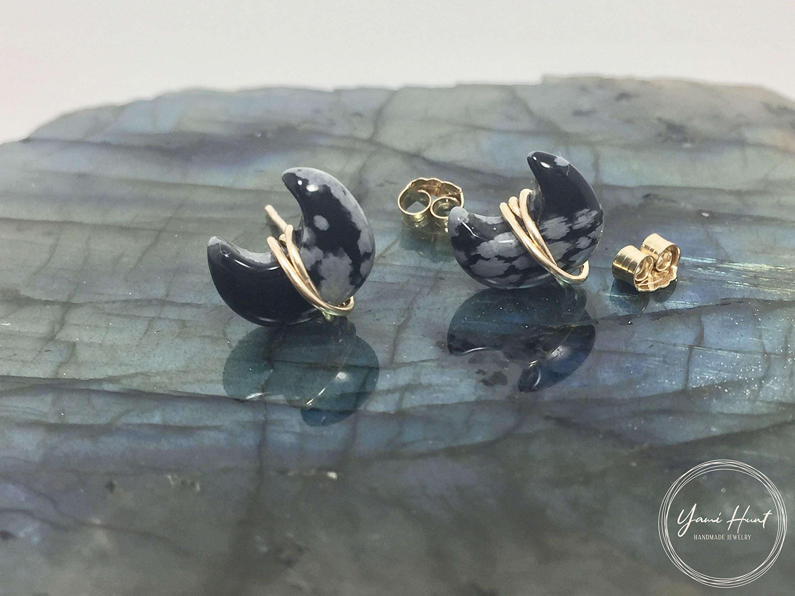 Snowflake Obsidian Crescent Moon Stud, 14k Gold Filled, Solid Gold, Obsidian Jewelry, Half Moon, Celestial, Minimalist
