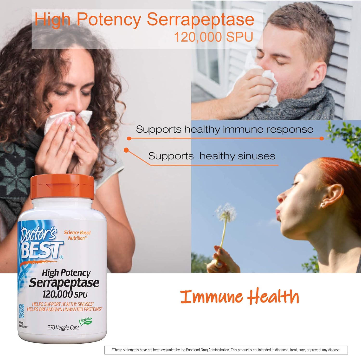 Doctor's Best High Potency Serrapeptase, Non-GMO, Gluten Free, Vegan, Supports Healthy Sinuses, 120,000 SPU, 90 Veggie Caps: Health & Personal Care