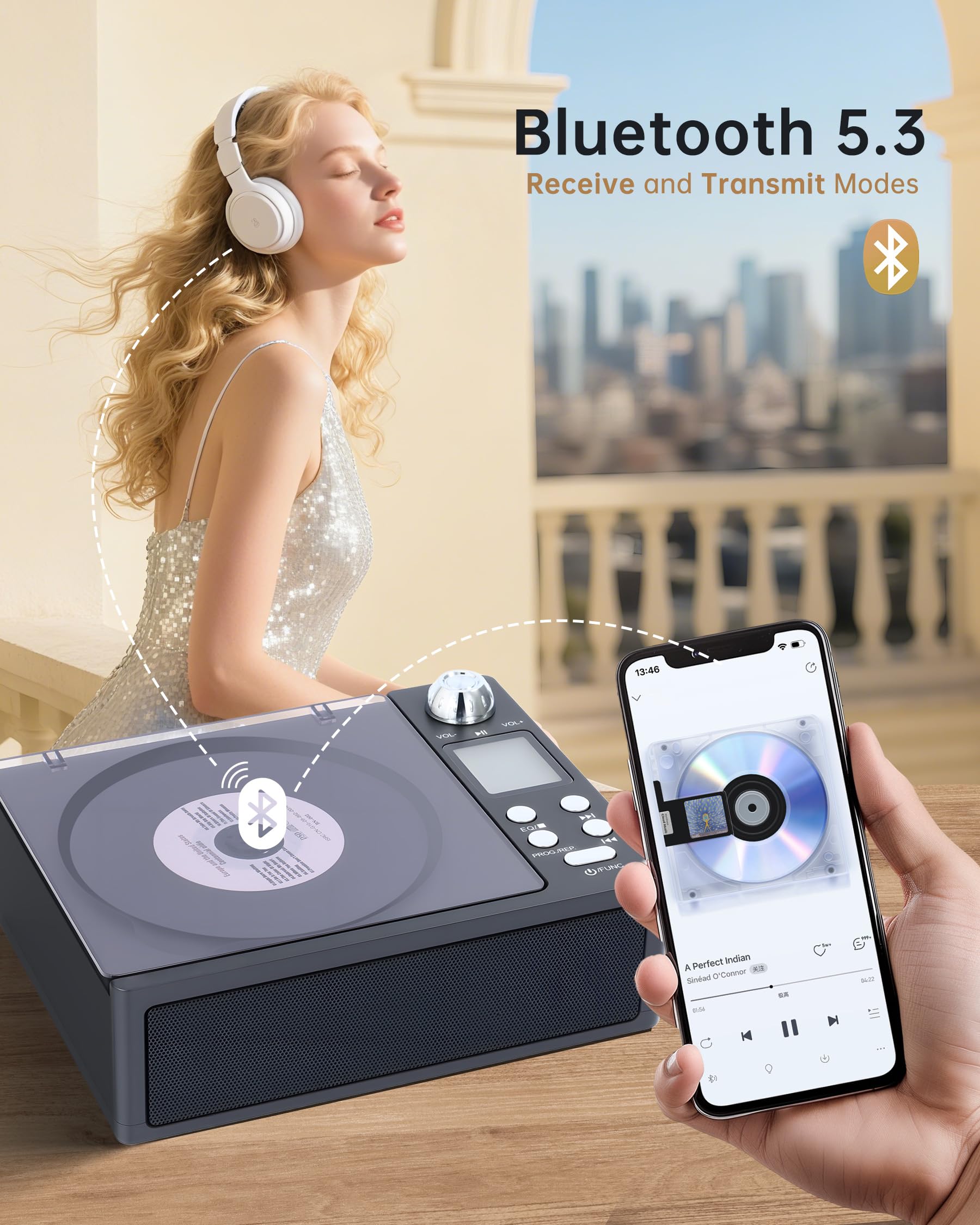 CD Player Portable with Bluetooth and Speakers: Rechargeable 4000mAh Battery, Bluetooth 5.3 Transmitter & Receiver, FM Radio, USB/TF/AUX, Optical Out, A-B Repeat - Home Audio Music Player