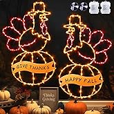 2 Pcs Large Thanksgiving Window Lights Turkey Decorations, 17" Fall Decor Window Lights, LED Turkey Pumpkin Light 2025 Thanksgiving Decor with Timer & 8 Mode & Battery Operated, Fall Light for Home
