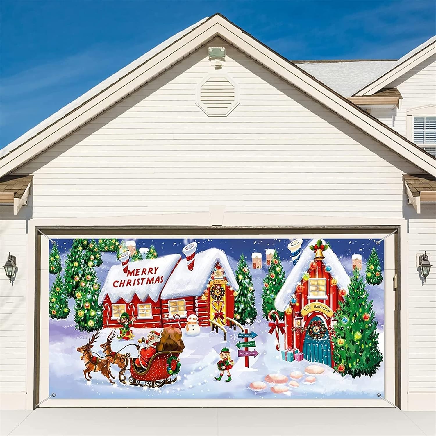 Garage Door Decorations - Merry Christmas Garage Door Decorations Christmas Garage Door Banner 7 X 16 ft Hanging Door Decor Murals For Outdoor Holiday Christmas Party Supplies (AF-E, 7 X 16 ft)